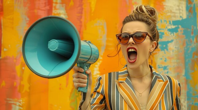 A woman in sunglasses shouts into a megaphone against a colorful abstract background.