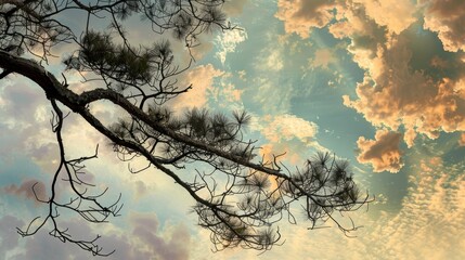 Fototapeta premium The pine tree branches veiling the beauty of the sky