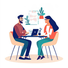 Spotkanie partnerów w celu dyskusji biznesowej z dokumentami i laptopem na biurku. Para przy stole, rozmawiająca, dyskutująca, omawiająca pracę. Ilustracja wektorowa płaska izolowana na białym tle