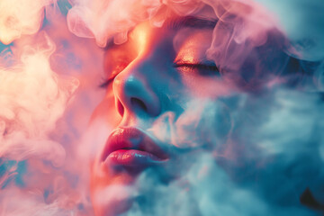 Fototapeta premium Serene Woman's Face Emerging from Dreamy Mist, Eyes Closed in Tranquility