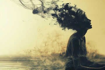 Fototapeta premium Overwhelming Stress: Woman's Exploding Mind Disintegrating into Anguished Particles