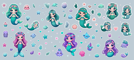 Big stickers pack. Kawaii little mermaid cartoon stickers.