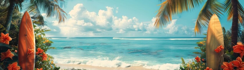 Obraz premium Tropical beach scene with surfboards and palm trees.