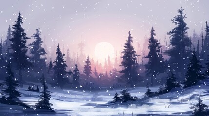Fototapeta premium A serene snowy forest scene with a glowing sunset. Tall pine trees stand silhouetted against a sky filled with falling snow. A beautiful winter wonderland.