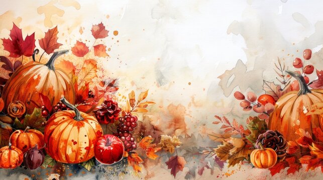 Watercolor Painting Of Pumpkins, Autumn Leaves And Berries On A White Background.