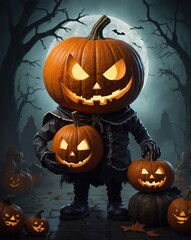 A Halloween themed photo of a man with a pumpkin head, holding two pumpkins.