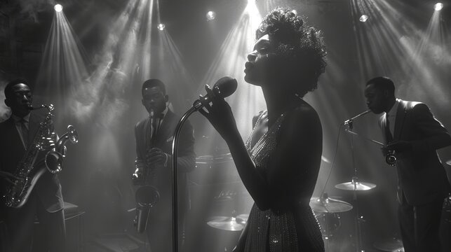 jazz singer in a restaurant. retro style, bw