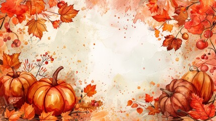 Watercolor painting of pumpkins and fall leaves, perfect for a Thanksgiving or autumn themed design.