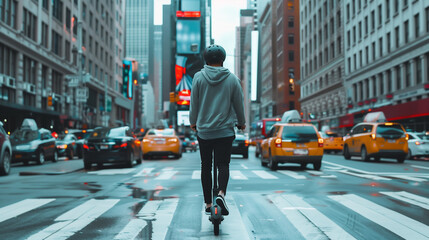 Young man happily rides an electric scooter in a busy city, symbolizing adventure and freedom. The eco friendly transportation captures modern urban life