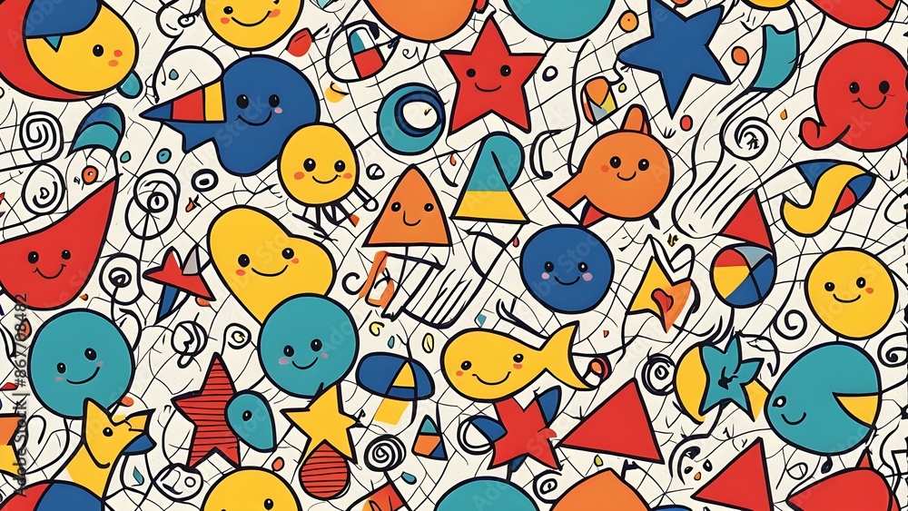 Poster a colorful pattern of shapes and faces with a smiling fish in the middle
