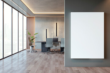 Modern office interior with large windows, an empty white poster on a gray wall, and contemporary furnishings, concept of workspace design. 3D Rendering