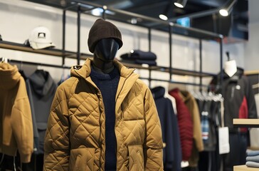 mannequin wearing an unisex tan down jacket with black hood