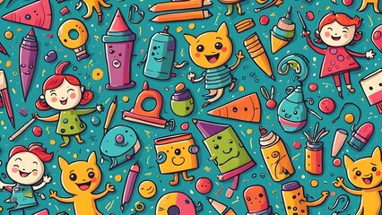 A colorful cartoon drawing of children and various objects such as a pizza