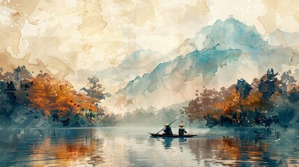 Two figures in a small boat navigate a serene lake with misty mountains in the background.  The scene is bathed in soft, warm light.