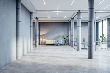 A modern office interior design with empty, spacious room, concrete walls and columns, and minimalist furniture, illustrating a contemporary work space. 3D Rendering