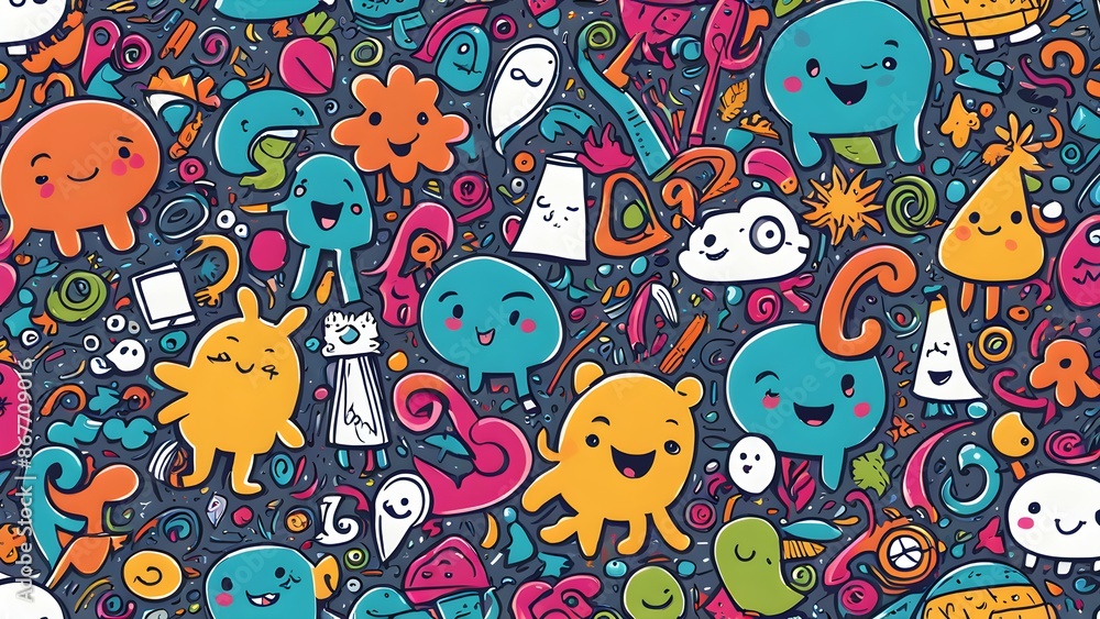 Poster a colorful cartoon drawing of various creatures and objects