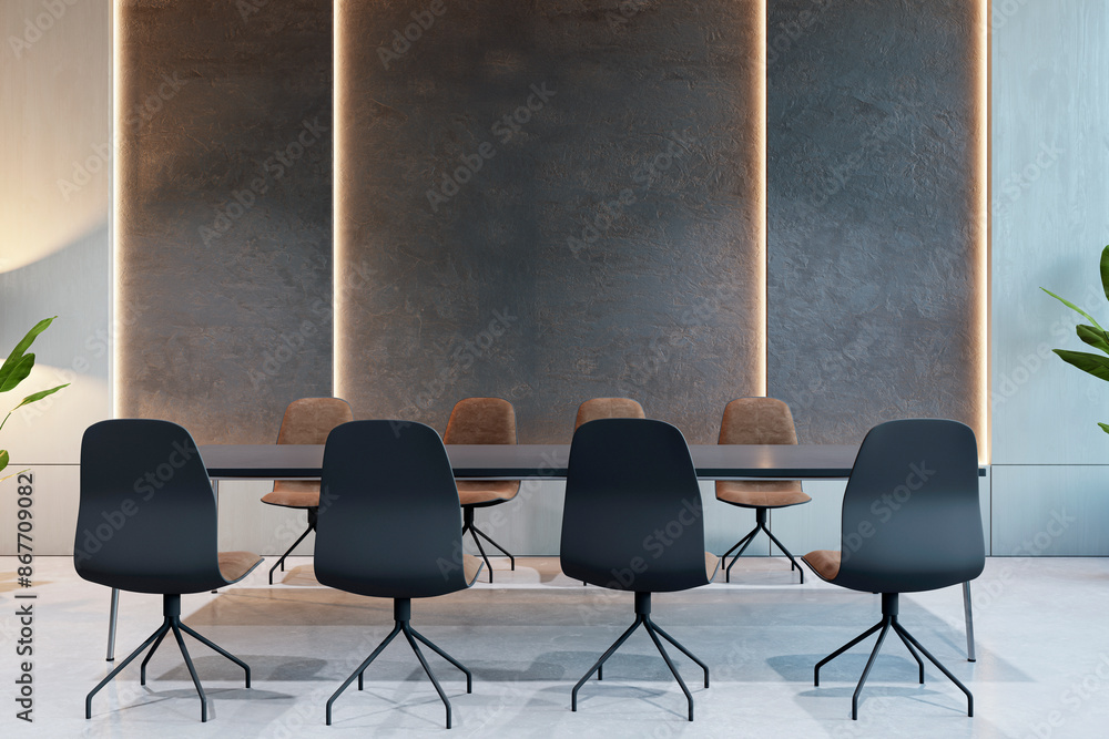 Poster An empty modern conference room with chairs around a table, dark walls with vertical lighting, and a clean design concept. 3D Rendering