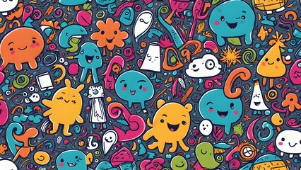 A colorful cartoon drawing of various creatures and objects