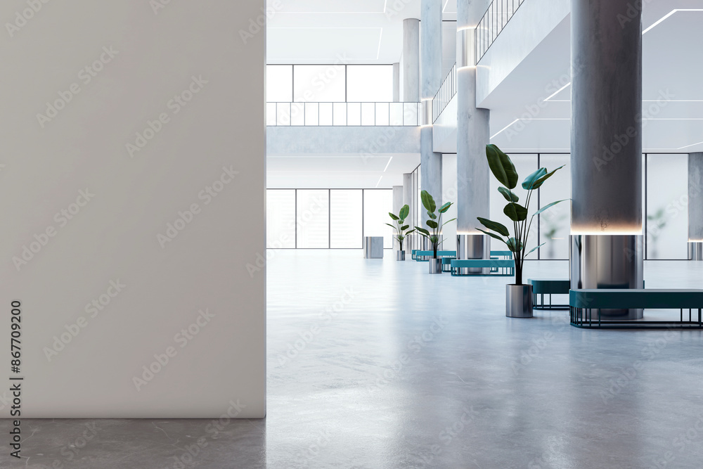 Aufkleber A modern office building interior featuring empty space with a minimal design and potted plants on a light background, concept of modern architecture. 3D Rendering