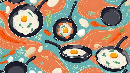 A colorful drawing of various pans with eggs and carrots