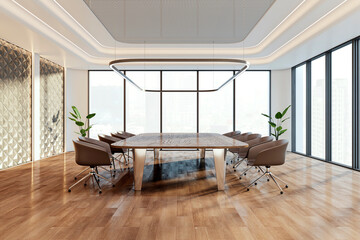Modern and stylish conference room with a large table, chairs, and city view, interior concept, light background. 3D Rendering