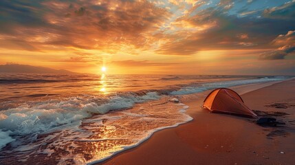 A tranquil beach campsite with a tent set up on the sand, waves gently rolling in under a golden sunset sky.