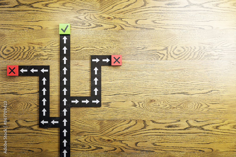 Poster Arrows on a wooden background indicating choices in direction, a concept of business decision making. 3D Rendering