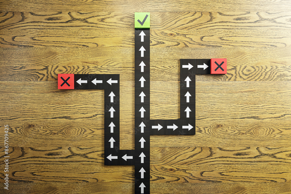 Poster Arrows on a wooden floor depicting a decision-making concept with a right way and wrong paths, against a wooden texture background, choice concept. 3D Rendering
