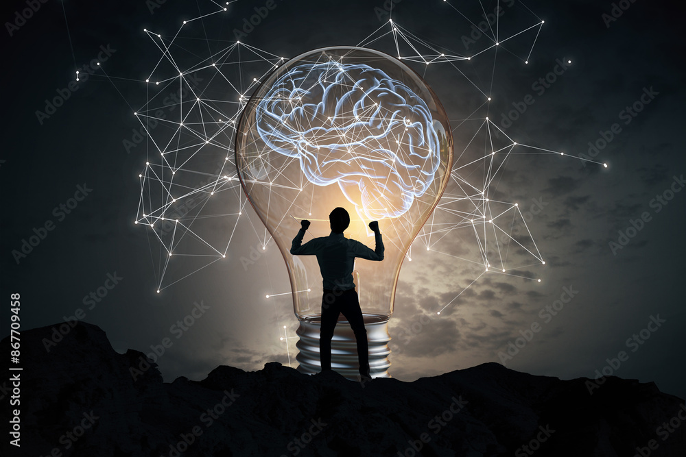 Poster a person stands before a giant light bulb with a brain and connecting lines on a dark, cloudy backgr