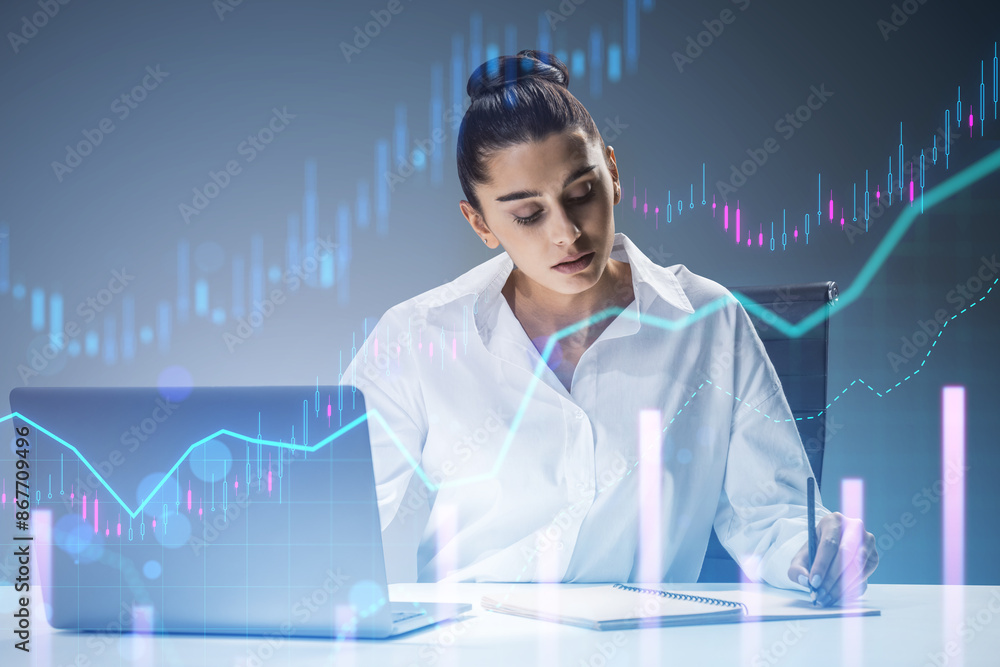 Poster a focused woman analyzing financial data graphs overlaid on her workspace, symbolizing analytics and
