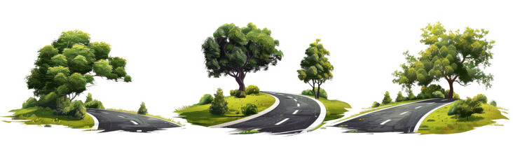 Collection Set of 3 Classic Roads - Highway, Country Road, City Street - Low Details Isolated isolated cut out dicut PNG on transparent for Advertising Banner