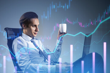A businessman holding a coffee cup with digital stock market graphs overlaying the image, on a blue-toned background, representing financial analysis