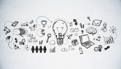 Hand-drawn business and creativity concept sketches encircling a lightbulb on a white background, symbolizing innovation and ideas © Who is Danny