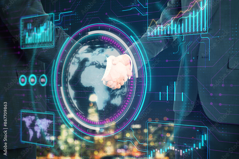 Poster a digital handshake superimposed over a bustling city at night, with futuristic hud elements and dat