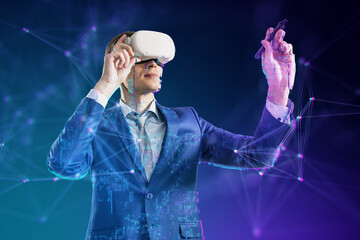 A man in a business suit engaging with virtual reality, surrounded by digital graphics, against a...