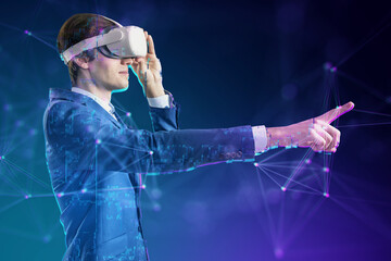 A man in a business suit wears a virtual reality headset, interacting with digital graphics on a purple and blue background, representing technology and innovation