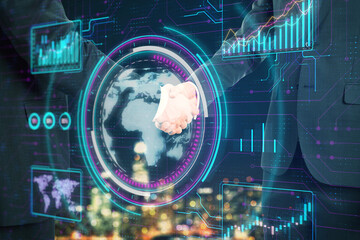 A digital handshake superimposed over a bustling city at night, with futuristic HUD elements and data analytics graphics on a dark background, concept of technology and business partnership