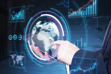 A person interacting with holographic displays featuring a globe and various data analytics, on a dark high-tech background, illustrating the concept of futuristic technology