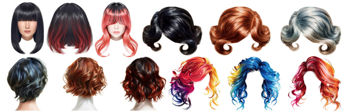 Minimalist Wig Hair Collection Set of 3 - Bob Cut, Pixie Cut, Long Straight Hair with Clean Designs isolated cut out dicut PNG on transparent for Banner Advertisement