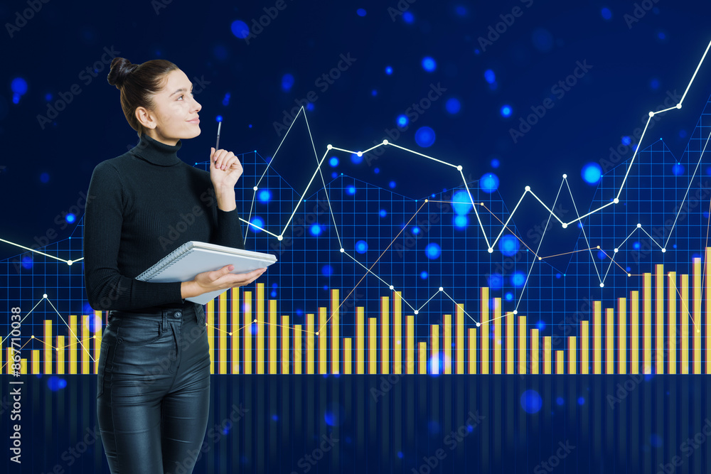 Poster A thoughtful woman with a notebook analyzing digital graphs and data on a blue background, concept of business analytics