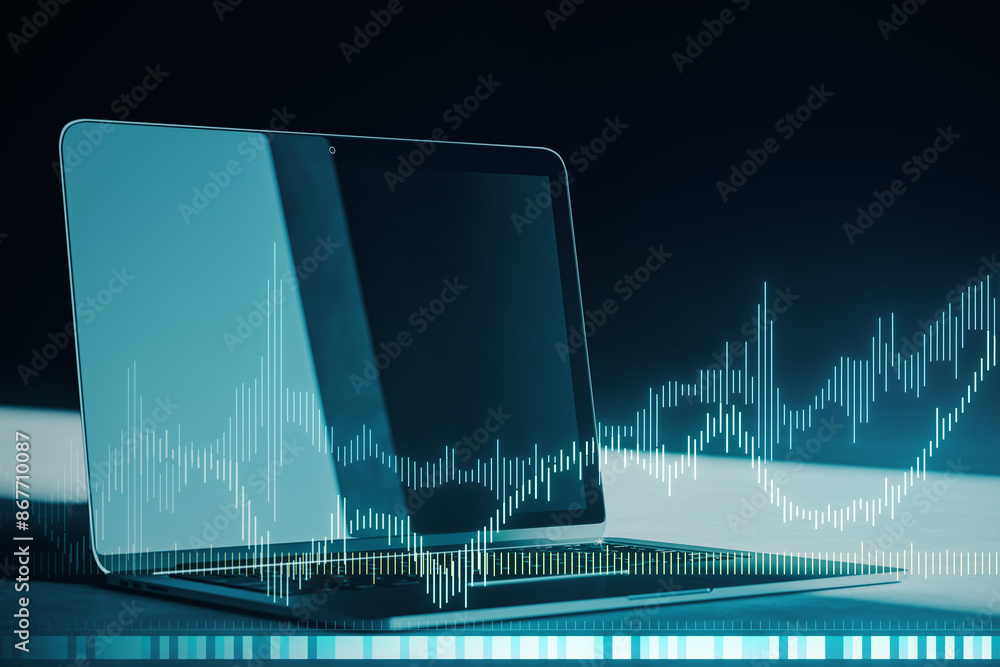 Poster A laptop with digital graphs overlaying on a dark sleek background, depicting the concept of data analysis or financial technology