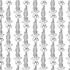 Flower in vase and bottle doodle seamless pattern illustration different floral bouquets. Hand drawn line art outline plants. Spring field bloom. Linear drawing for coloring. Vector isolated