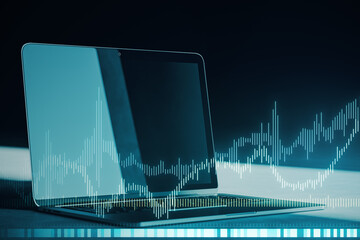 A laptop with digital graphs overlaying on a dark sleek background, depicting the concept of data analysis or financial technology