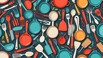 A colorful image of kitchen utensils and cookware