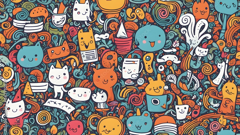 Poster a colorful and whimsical drawing of various cartoon characters and objects