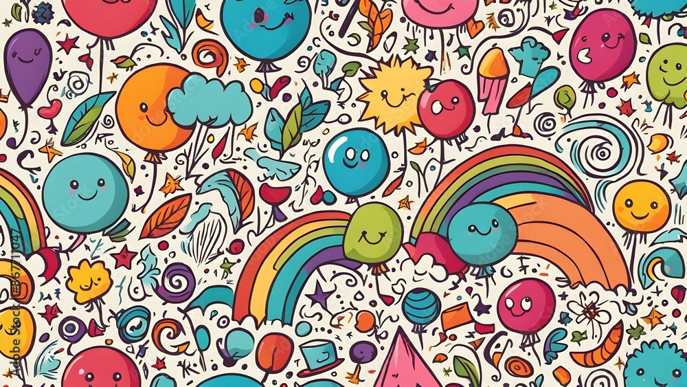 Poster a colorful and whimsical drawing of various cartoon characters and objects