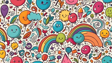 A colorful and whimsical drawing of various cartoon characters and objects