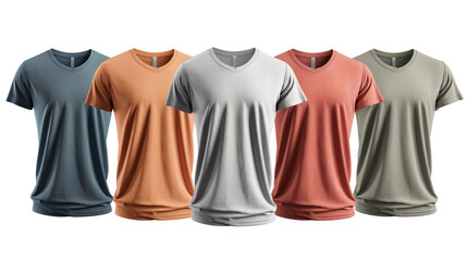 Five V-Neck T-Shirts in Assorted Colors on Mannequins on transparent background
