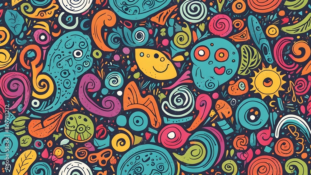 Poster a colorful and abstract painting with many different shapes and patterns