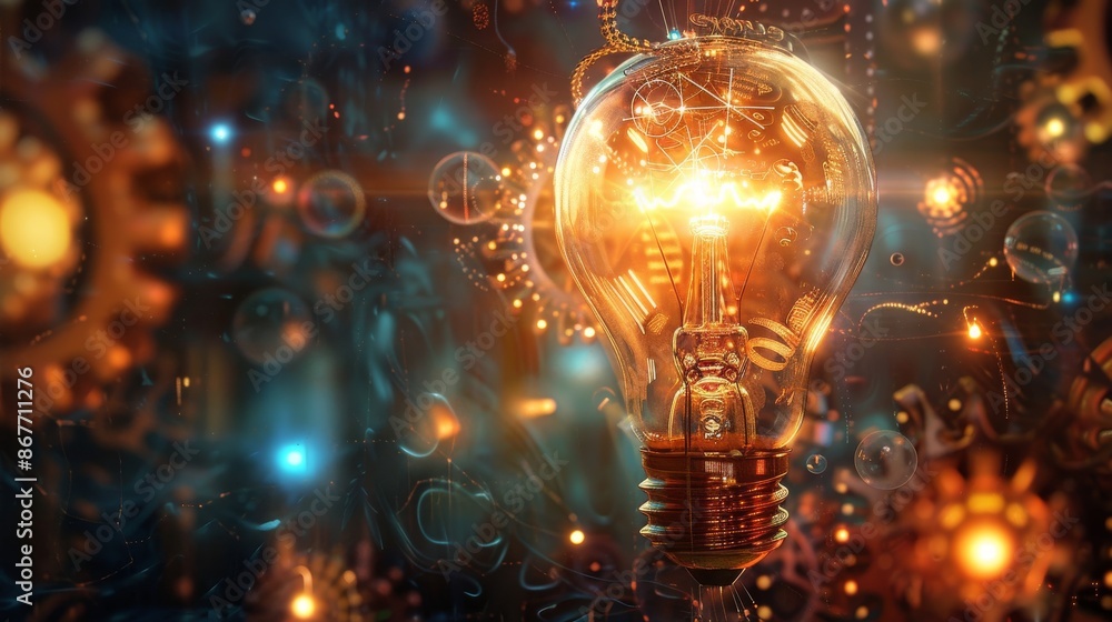 Poster a conceptual light bulb with gears and cogs powering